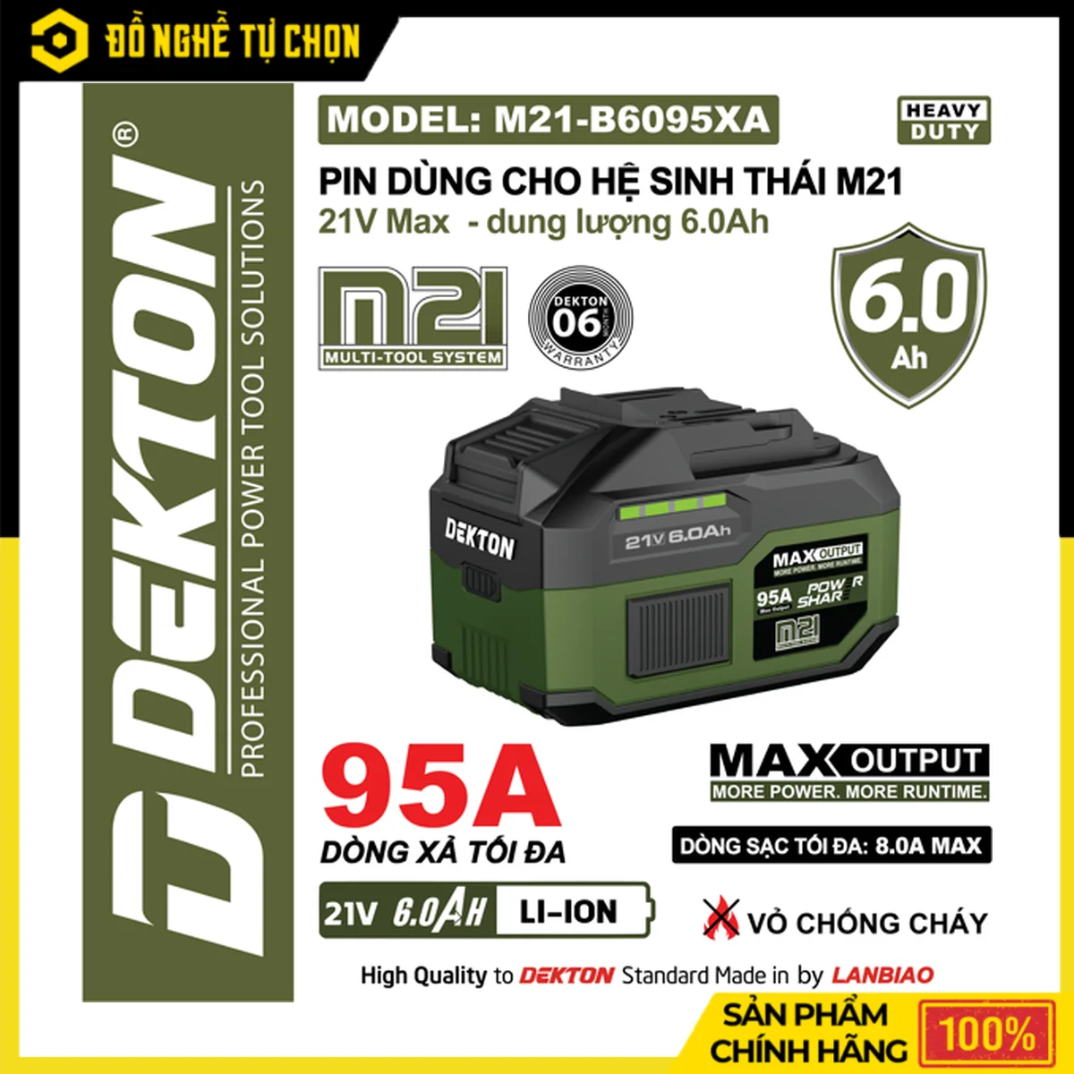 Pin Dekton 21V 6.0Ah M21-B6095XA – Dòng Xả Max 95A, 15 Cell, Bảng Mạch KSHZ, Dùng Dòng Sạc 8A