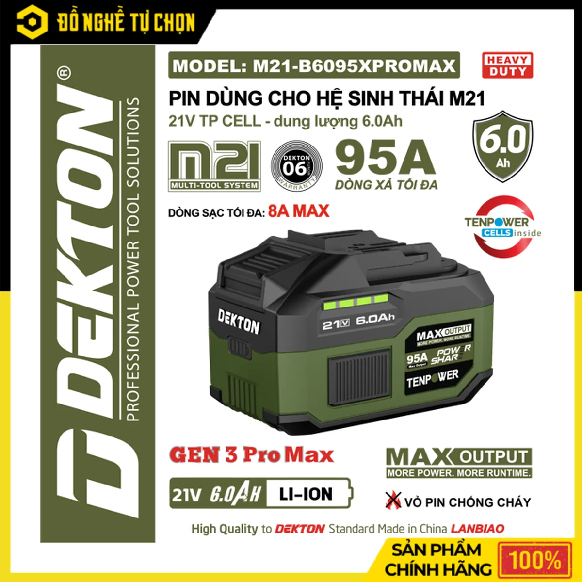 Pin Dekton 21V 6.0Ah M21-B6095XPROMAX – Dòng Xả Max 95A, 15 Cell TP, Bảng Mạch KSHZ, Vỏ Chống Cháy | Hàng Chính Hãng, Có VAT