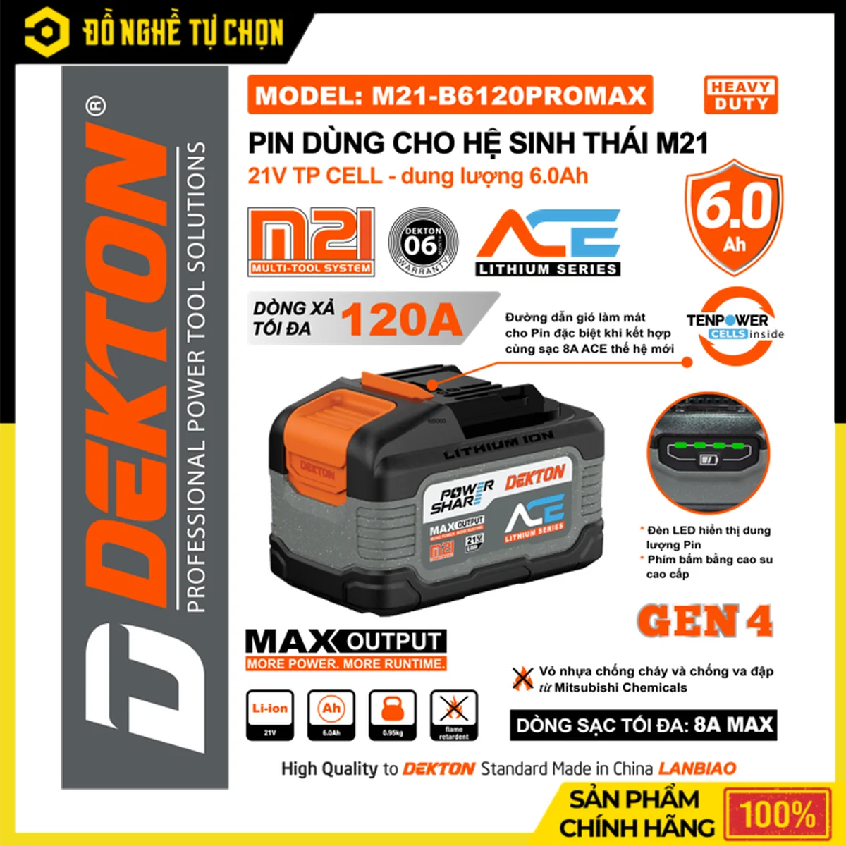 Pin Dekton 21V 6.0Ah M21-B6120PROMAX – Dòng Xả Max 120A, 15 Cell TP, Vỏ Nhựa Mitsubishi Nhật Bản