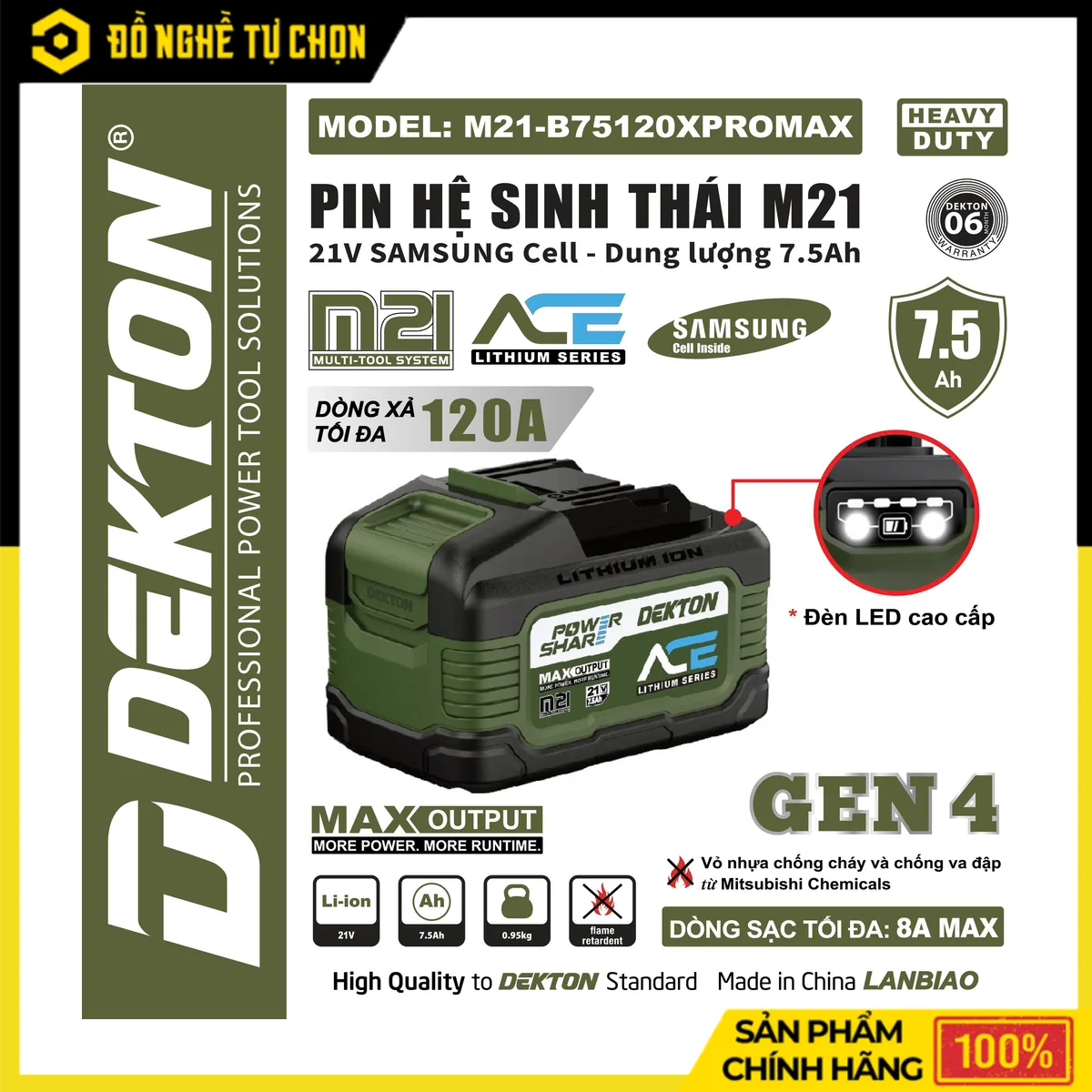Pin Dekton 21V 7.5Ah M21-B75120XPROMAX – Cell Samsung 18650, Dòng Xả Max 120A, Tích Hợp Đèn Chiếu Sáng