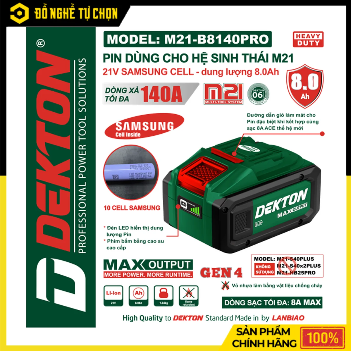 Pin Dekton 21V 8.0Ah M21-B8140PRO – Cell Samsung 21700-40T, Dòng Xả Max 140A, Vỏ Nhựa Chống Cháy
