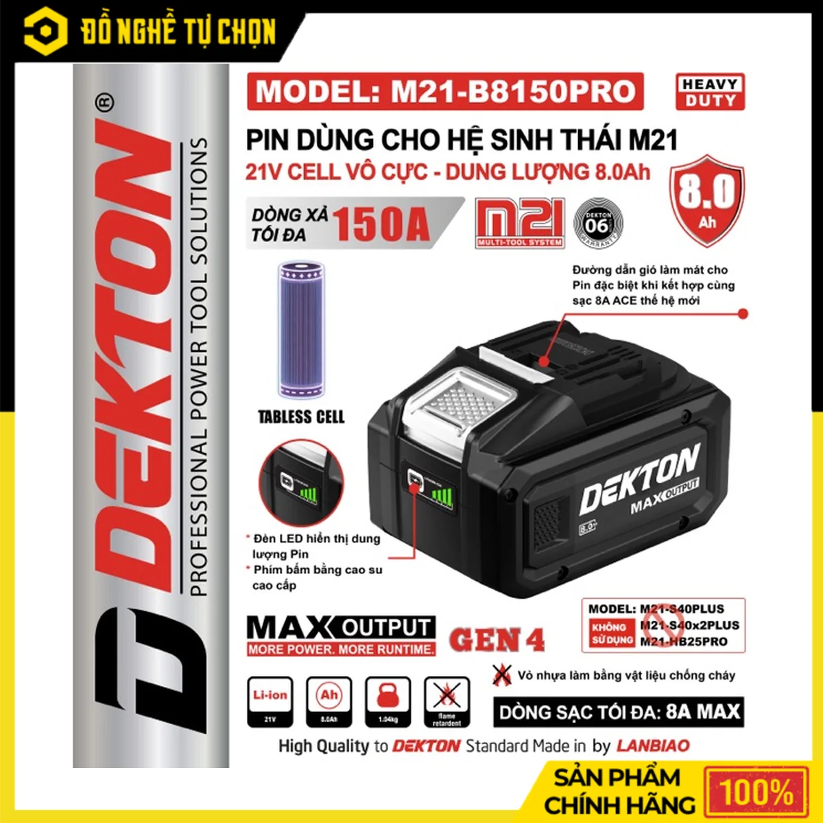 Pin Dekton 21V 8.0Ah M21-B8150PRO – Cell Tabless Xả Toàn Cực, Dòng Xả Max 150A, Dùng Dòng Sạc 8A