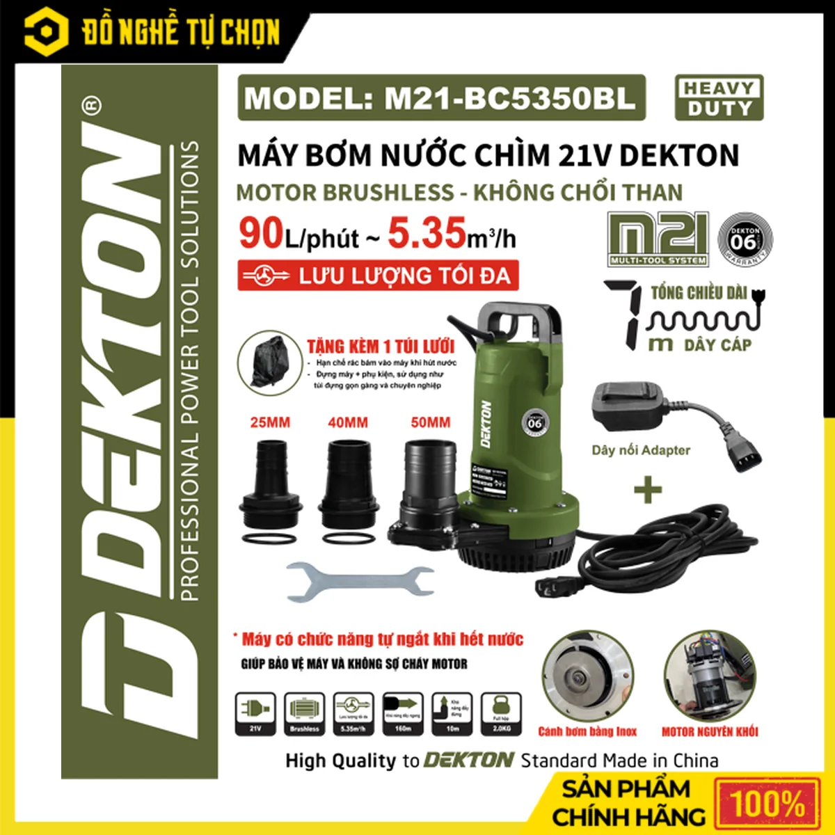 Máy Bơm Nước Chìm Pin 21V Dekton M21-BC5350BL – Brushless, Lực Hút 5.35m3/h, Đẩy Ngang 160m, Cáp 7m