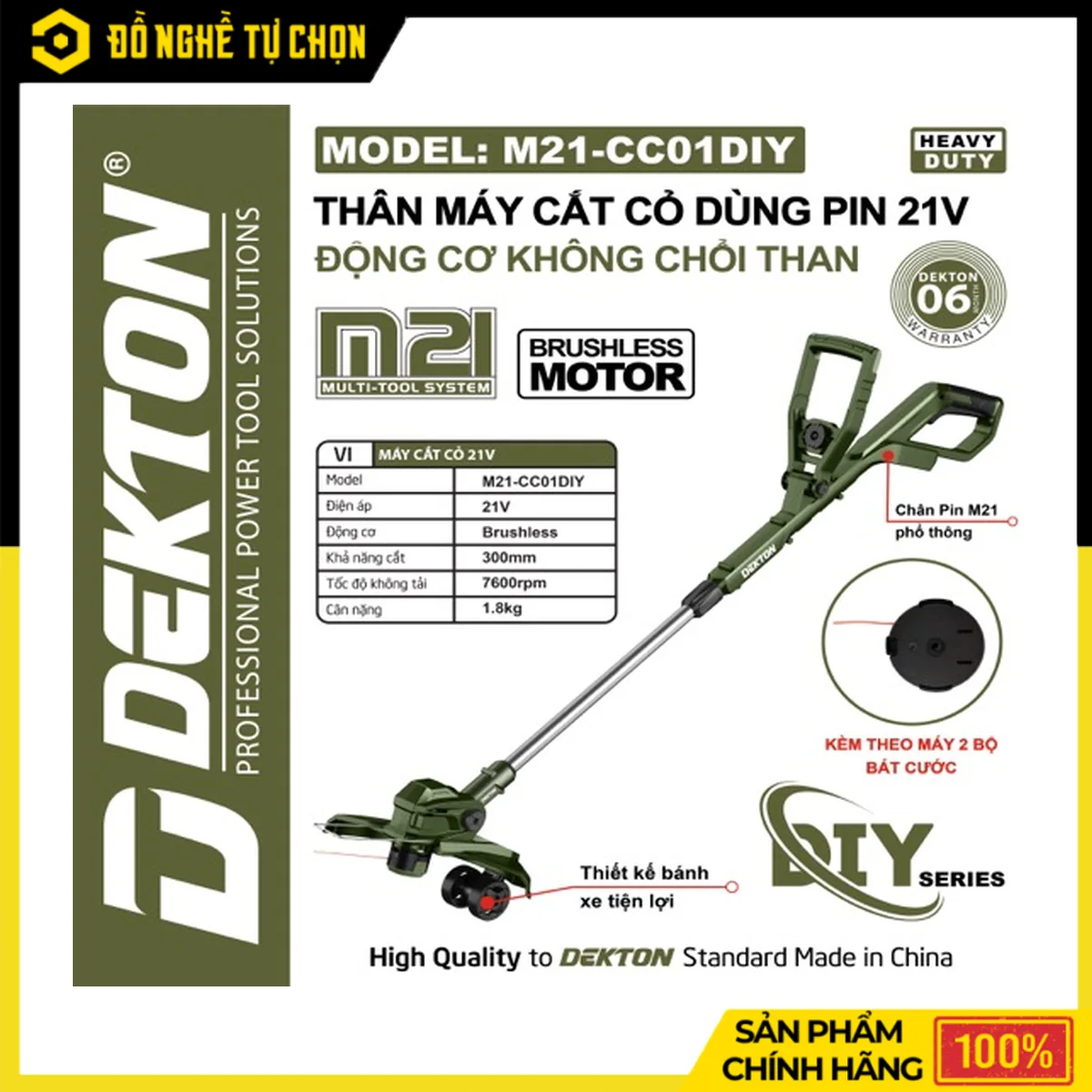 Máy Cắt Cỏ Sân Vườn Pin 21V Dekton M21-CC01DIY – Brushless, Cắt Tối Đa 300mm, Tốc Độ 7.600 RPM