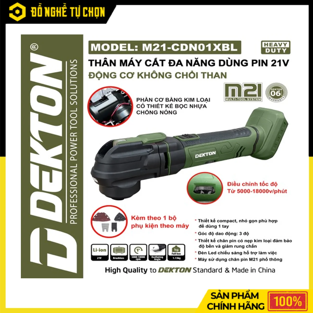 Máy Cắt Rung Đa Năng Pin 21V Dekton M21-CDN01XBL – Brushless, Tốc Độ 5000-18000 RPM, Thiết Kế Compact