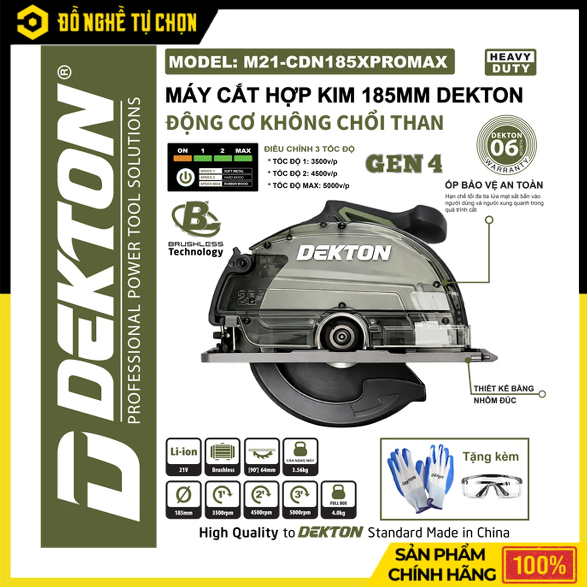 Máy Cắt Kim Loại 185mm Pin 21V Dekton M21-CDN185XPROMAX – Brushless, 3 Tốc Độ, Hộp Chắn Phoi, Đèn LED