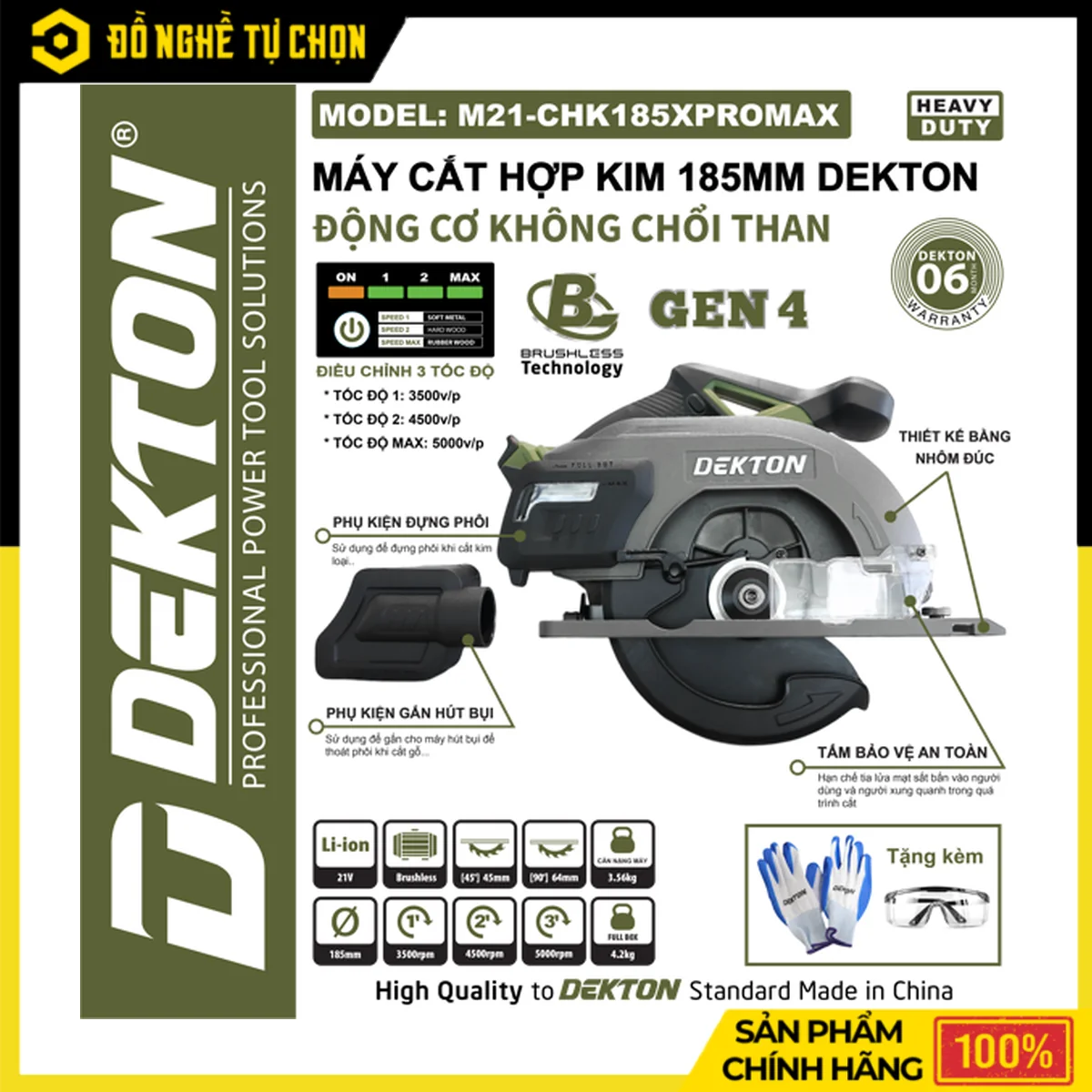Máy Cắt Hợp Kim 185mm Pin 21V Dekton M21-CHK185XPROMAX – Brushless, 3 Tốc Độ, Cắt 90 Độ 64mm, Đèn LED