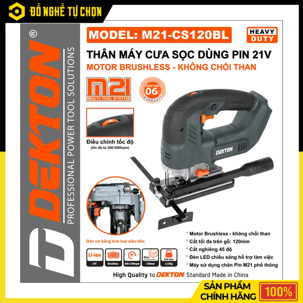 Máy Cưa Sọc Pin 21V Dekton M21-CS120BL – Brushless, Lưỡi 120mm, 6 Tốc Độ 300-3500 RPM, Có Đèn LED