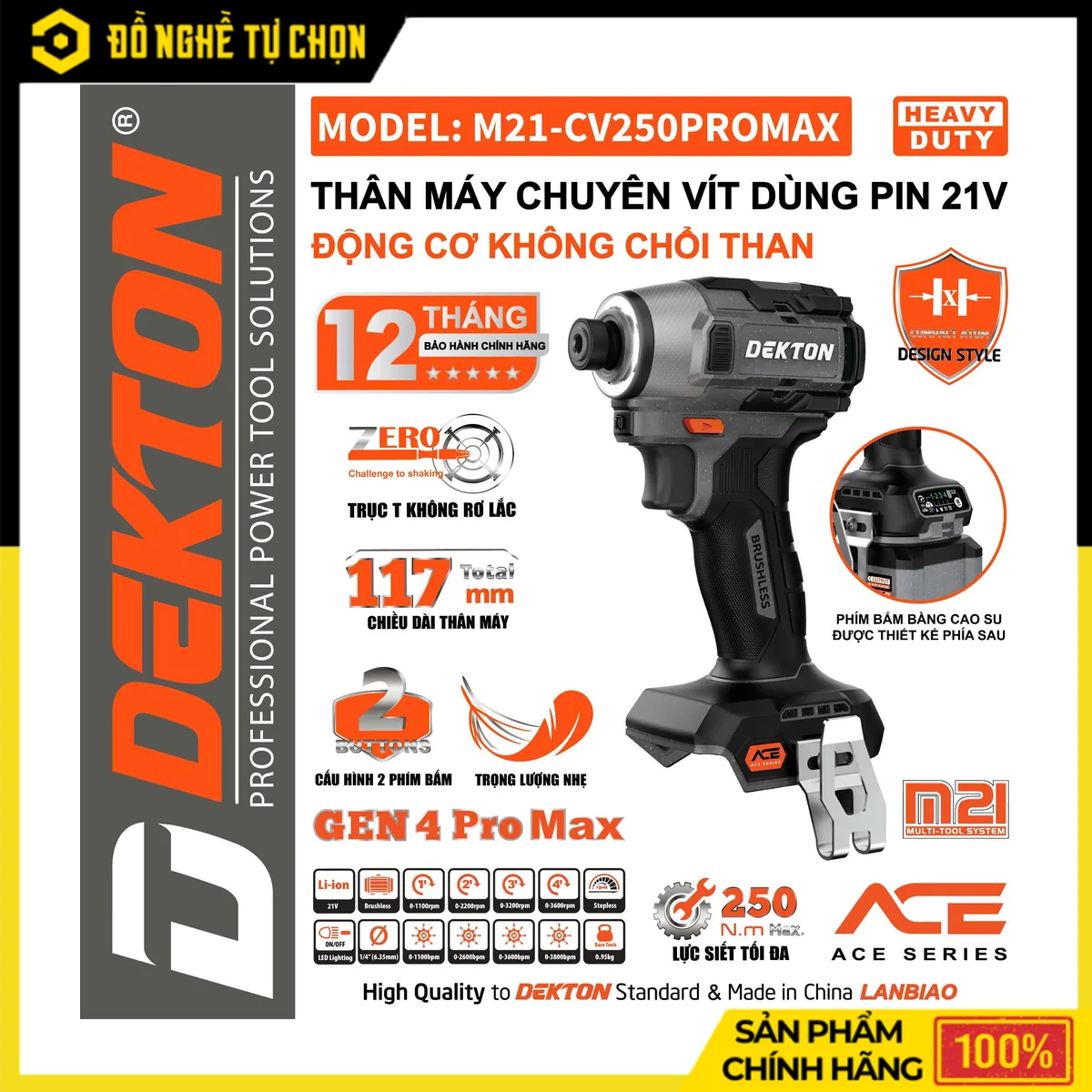Máy Chuyên Vít Pin 21V Lực Siết 250N.m Dekton M21-CV250PROMAX – Hệ ACE Cao Cấp, Brushless, 4 Tốc Độ
