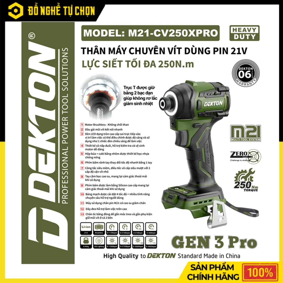 Máy Chuyên Vít Pin 21V Lực Siết 250N.m Dekton M21-CV250XPRO – Brushless, Điều Tốc Vô Cấp, Đèn LED Tròn