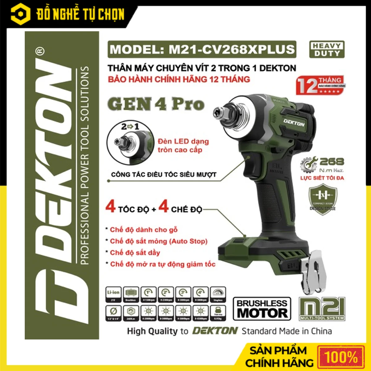 [THÂN] Máy Chuyên Vít 2 Trong 1 Pin 21V 268N.m Dekton M21-CV268XPLUS – Brushless, 4 Tốc Độ, Đèn LED Tròn