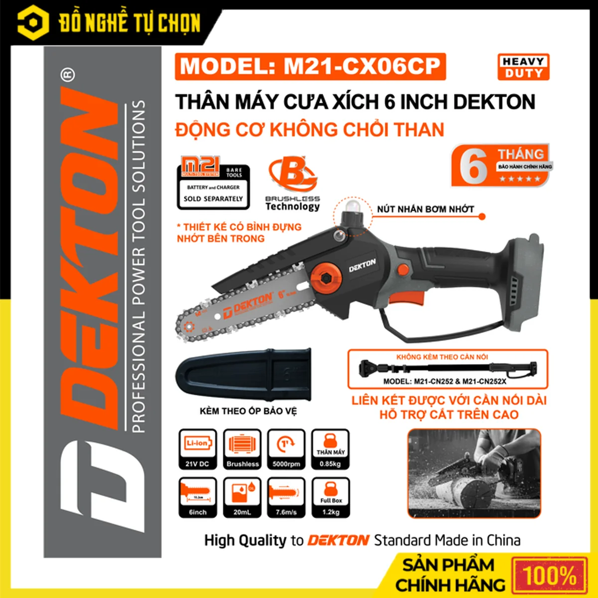 Máy cưa xích pin Dekton M21-CX06CP: thông số, mua ở Cần Thơ