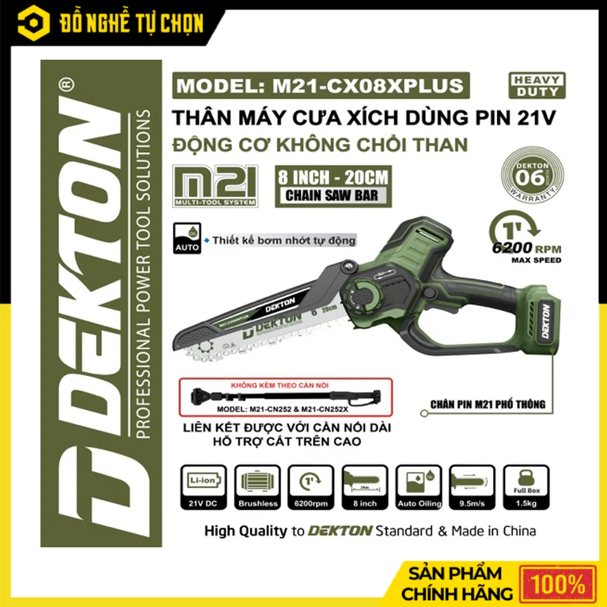 Máy Cưa Xích Pin 21V Lam 8 Inch Dekton M21-CX08XPLUS – Brushless, Bơm Nhớt Tự Động, Tốc Độ Cắt 9.5m/s