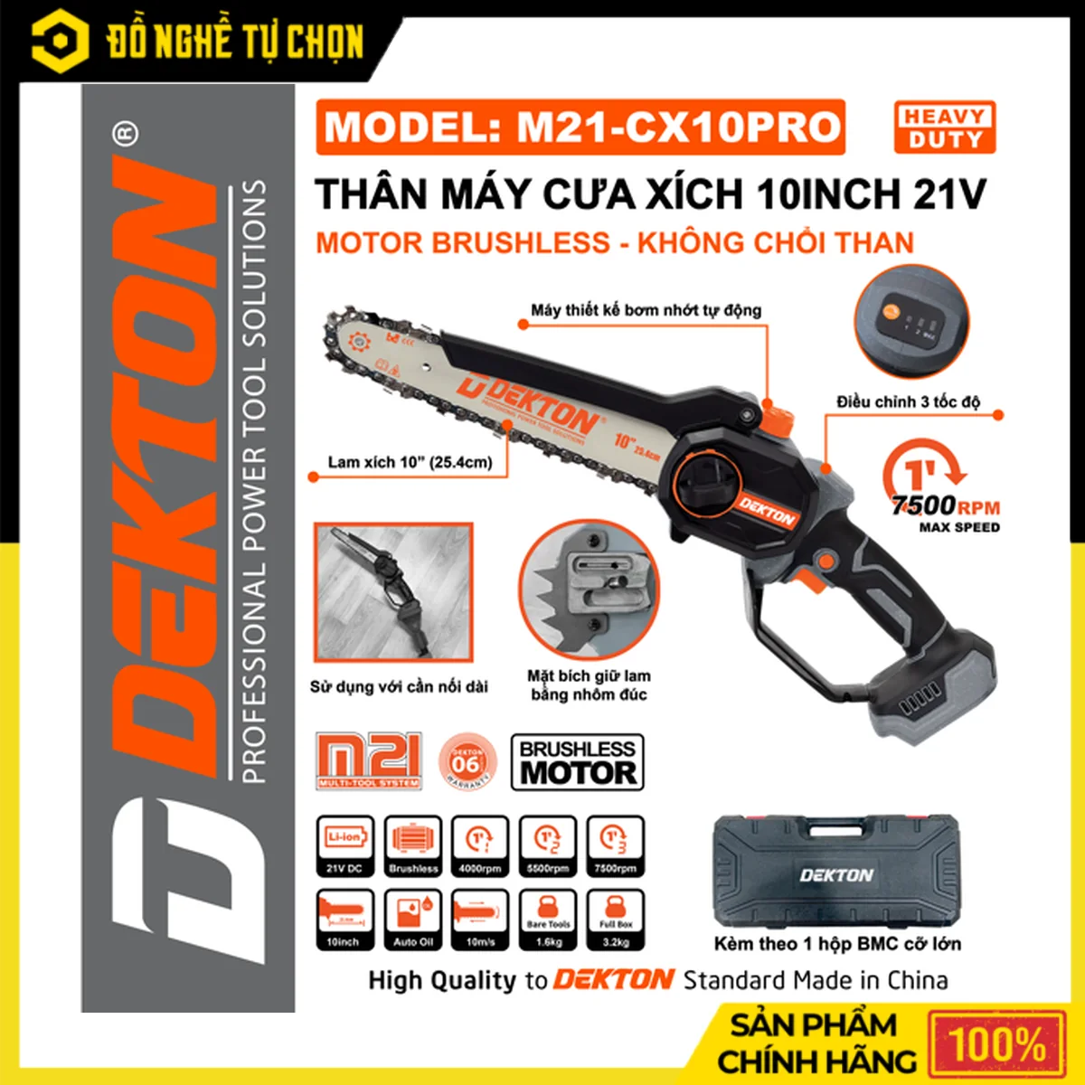 Máy Cưa Xích Pin 21V Lam 10 Inch Dekton M21-CX10PRO – Brushless, Bơm Nhớt Tự Động, Kèm Thùng Nhựa BMC