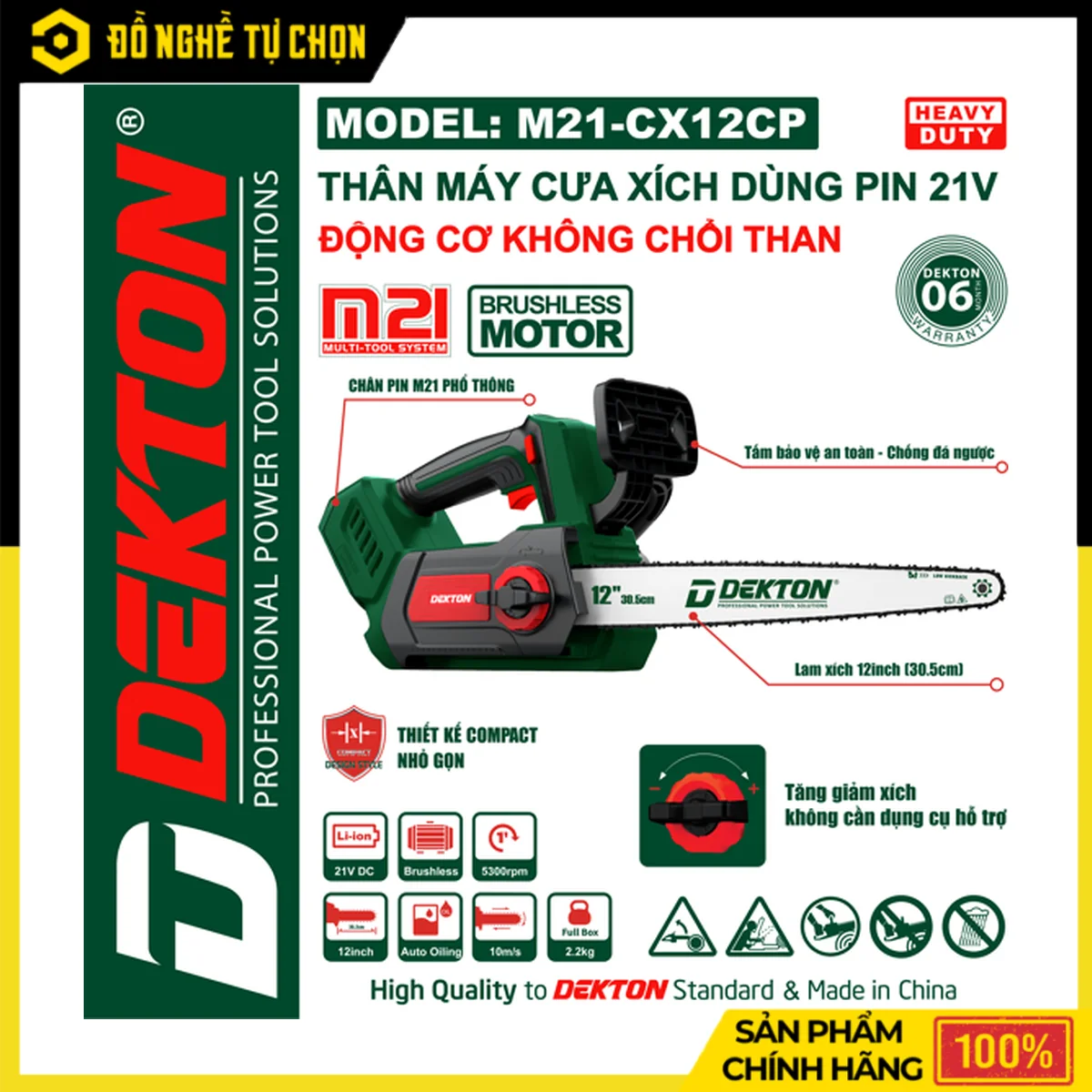 Máy Cưa Xích Pin 21V Lam 12 Inch Dekton M21-CX12CP – Brushless, Chống Đá Ngược, Tốc Độ Cắt 10m/s