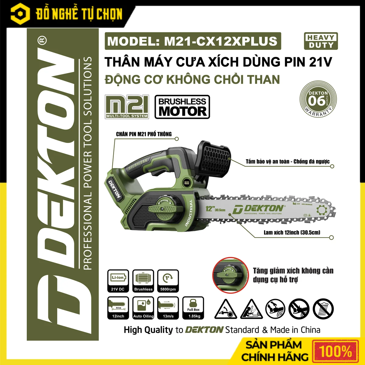 Máy Cưa Xích Pin 21V Lam 12 Inch Dekton M21-CX12XPLUS – Brushless, Chống Đá Ngược, Tốc Độ Cắt 13m/s