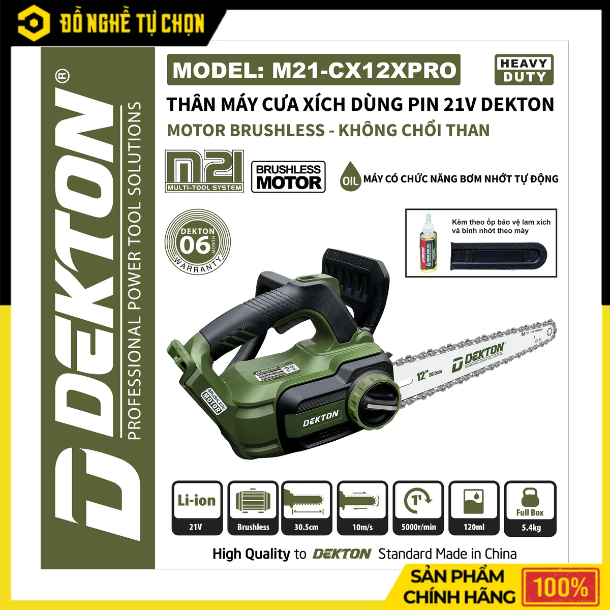 Máy Cưa Xích Pin 21V Lam 12 Inch Dekton M21-CX12XPRO – Brushless, Bơm Nhớt Tự Động, Bình Nhớt 120mL