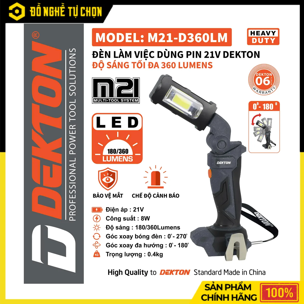 Đèn Chiếu Sáng Pin 21V 360 Lumens Dekton M21-D360LM – Xoay Đa Hướng, Công Suất 8W, Chạy Tới 10 Giờ | Hàng Chính Hãng, Có VAT