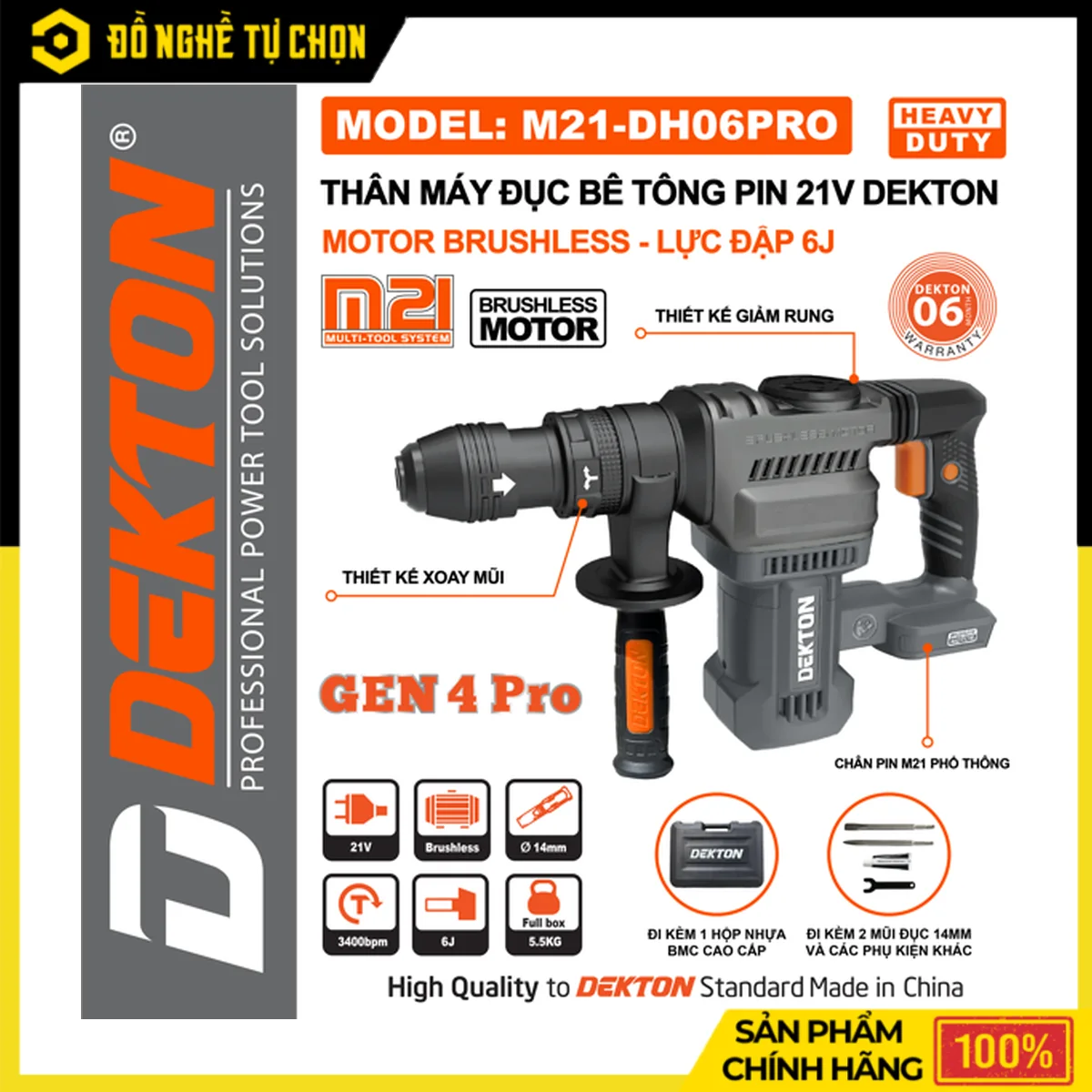 Máy Đục Bê Tông Pin 21V Lực Đập 6J Dekton M21-DH06PRO – Brushless, Nhịp Búa 3400BPM, Giảm Rung AVT