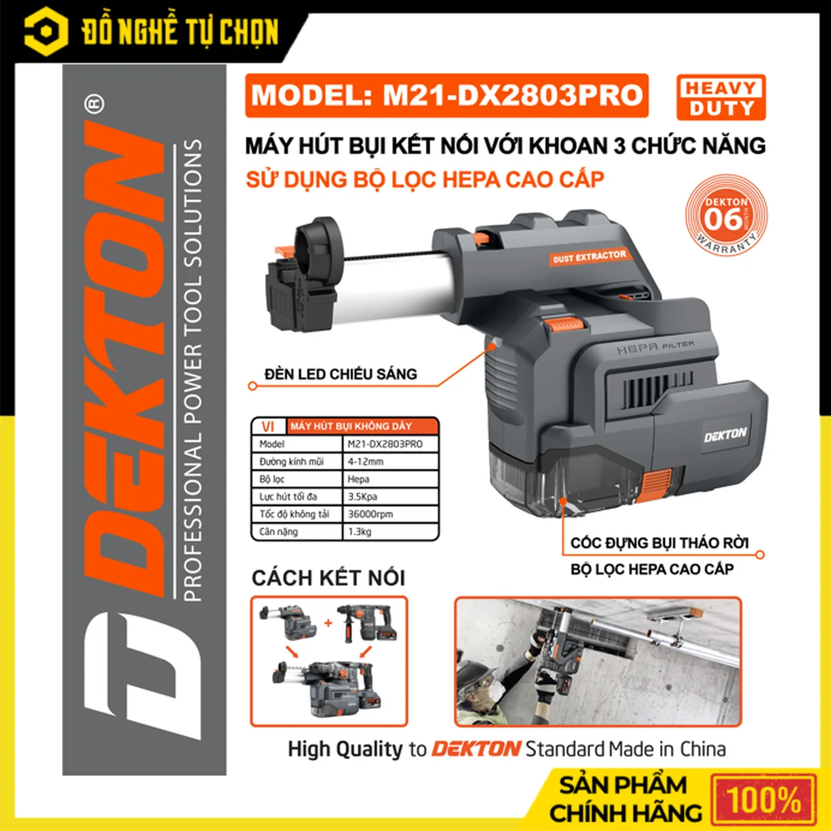 Máy Hút Bụi Pin 21V Dekton M21-DX2803PRO – Lọc HEPA Cao Cấp, Lực Hút 3.5KPA, Gắn Khoan M21-RH2803PRO