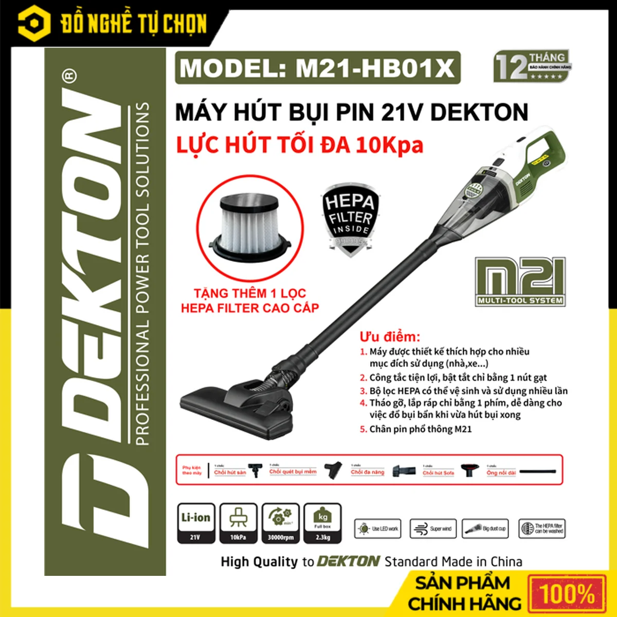 Máy hút bụi pin Dekton M21-HB01X: thông số, mua ở Cần Thơ