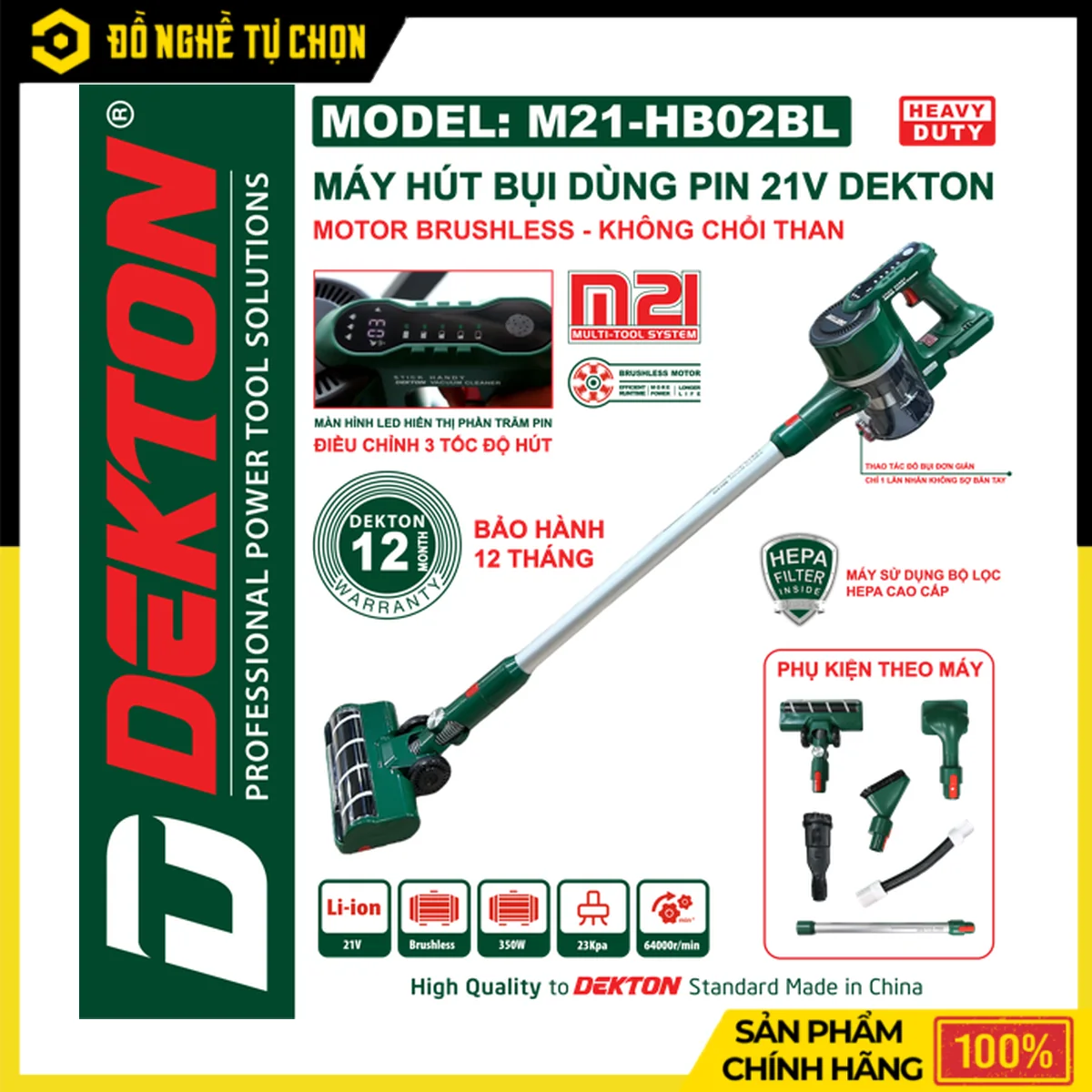 Máy Hút Bụi Pin 21V Dekton M21-HB02BL – Brushless, Lực Hút 23KPA, 3 Tốc Độ, Lọc Bụi HEPA Cao Cấp