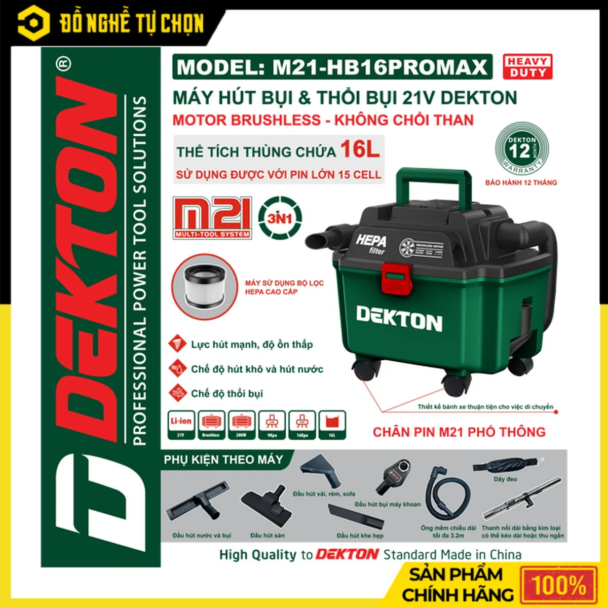 Máy Hút Bụi 3 Trong 1 Pin 21V Bình 16L Dekton M21-HB16PROMAX – Brushless, Lực Hút 16KPA, Lọc HEPA
