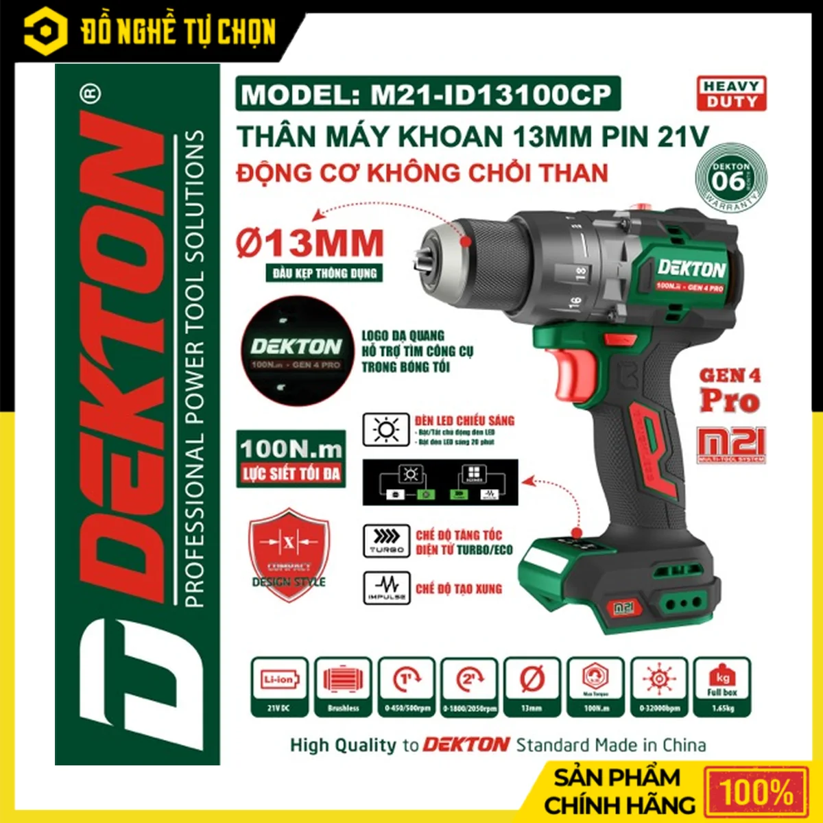 Máy Khoan Pin 21V 13mm 100N.m Dekton M21-ID13100CP – Gen 4, Chức Năng Turbo, Tạo Xung, 3 Chức Năng