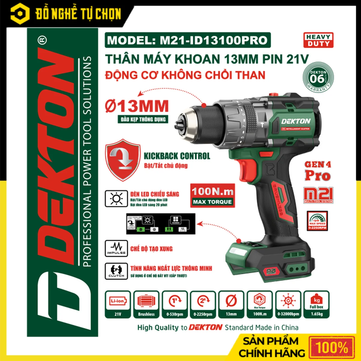 Máy Khoan Pin 21V 13mm 100N.m Dekton M21-ID13100PRO – Đầu Cặp Sanou, Tạo Xung, Ngắt Lực Thông Minh