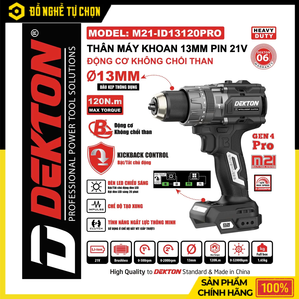 Máy Khoan Pin 21V 13mm 120N.m Dekton M21-ID13120PRO – Đầu Cặp Sanou, Tạo Xung, Ngắt Lực Thông Minh