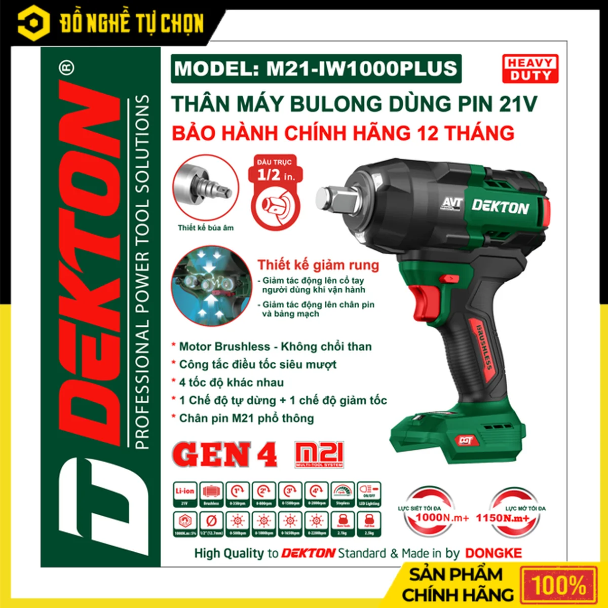 Máy Siết Bulong Pin 21V 1000N.m Dekton M21-IW1000PLUS – Gen 4 Giảm Rung, Brushless, Trục T 1/2 Inch