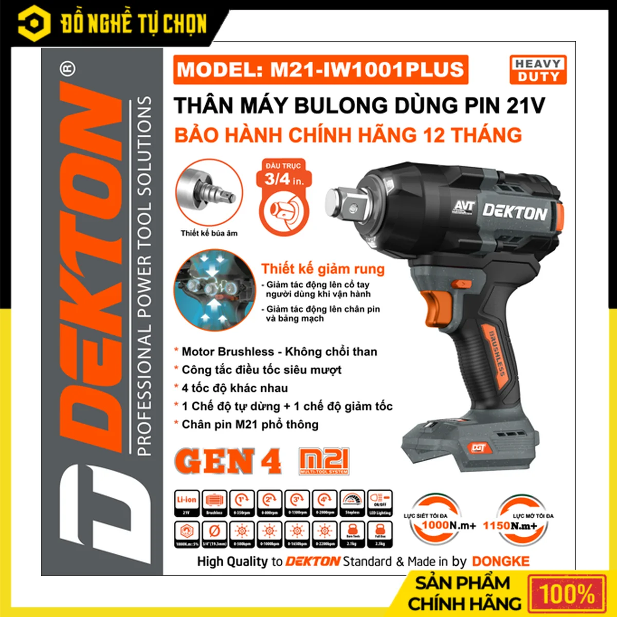Máy siết mở bulong Dekton M21-IW1001XPLUS: lực 1000N.m tại Cần Thơ