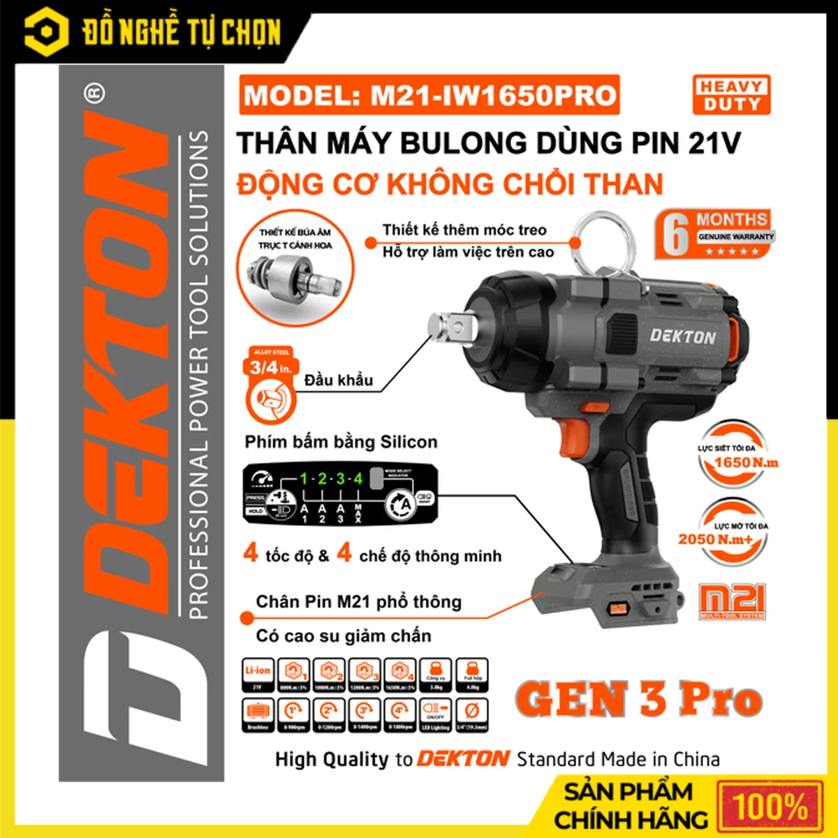 Máy Siết Bulong Pin 21V 1650N.m Dekton M21-IW1650PRO – Brushless, Lực Mở 2050N.m, Trục T 3/4 Inch