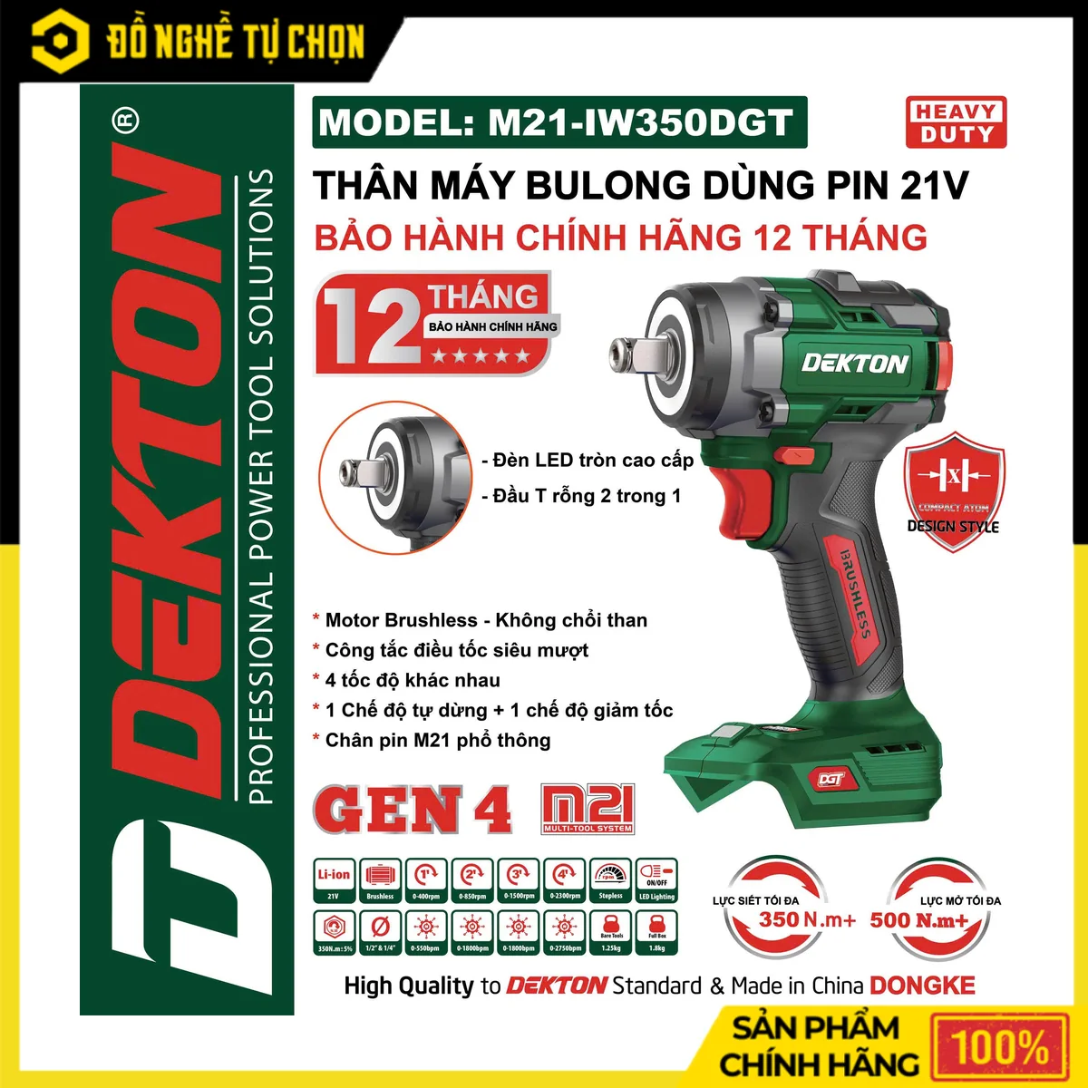 Máy Siết Bulong Pin 21V 350N.m Dekton M21-IW350DGT – Đầu T 2 Trong 1, Brushless, Lực Mở 500N.m