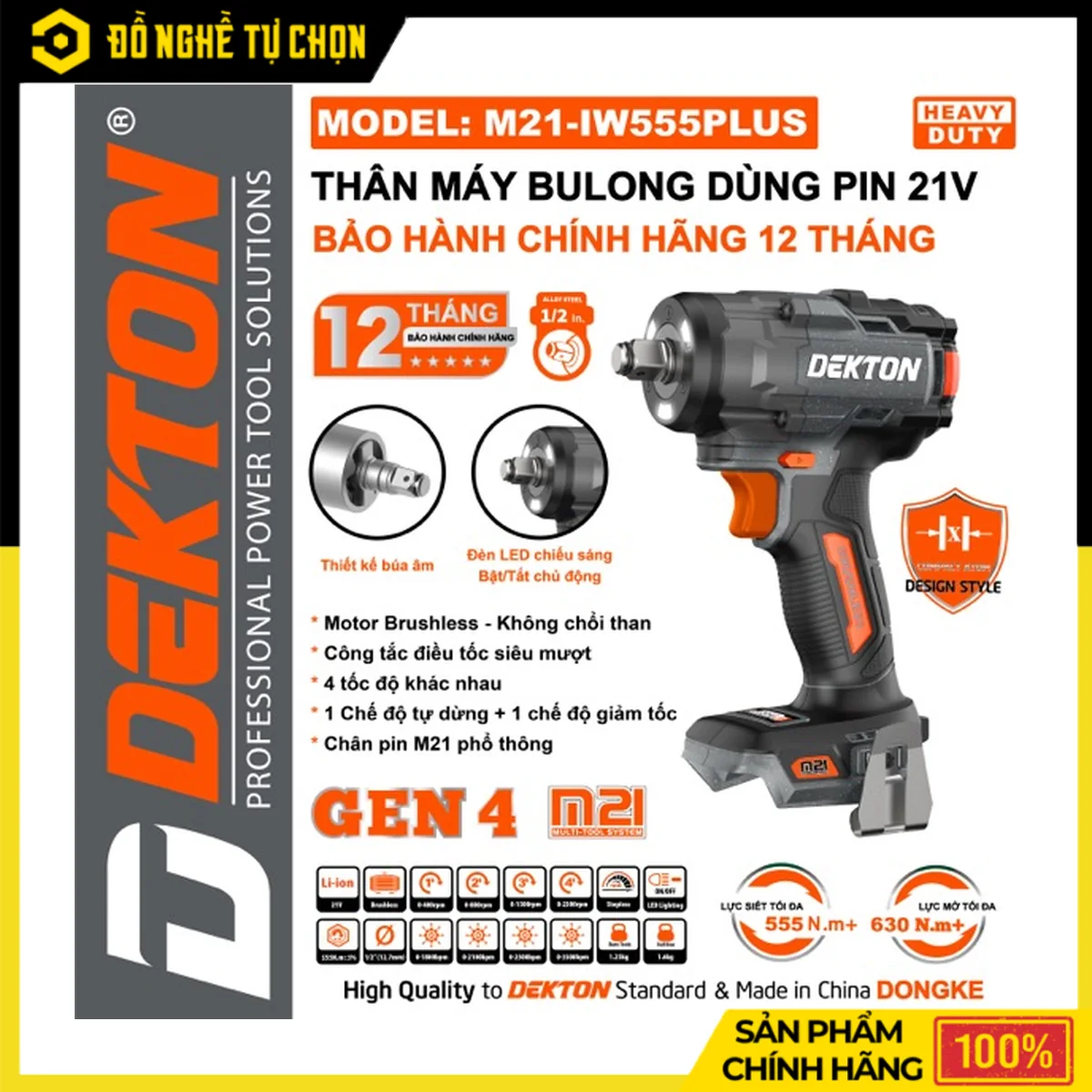 Máy Siết Bulong Pin 21V 555N.m Dekton M21-IW555PLUS – Brushless, Lực Mở 630N.m, Đèn LED 3 Bóng Siêu Sáng | Hàng Chính Hãng, Có VAT