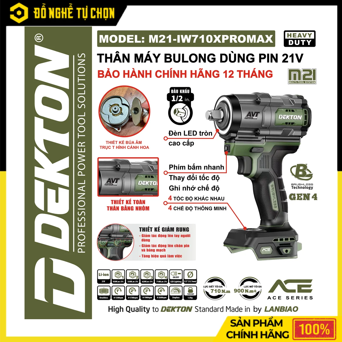 Máy Siết Bulong Pin 21V 710N.m Dekton M21-IW710XPROMAX – Hệ ACE Cao Cấp, Vỏ Búa Hợp Kim Nhôm, Giảm Rung | Hàng Chính Hãng, Có VAT