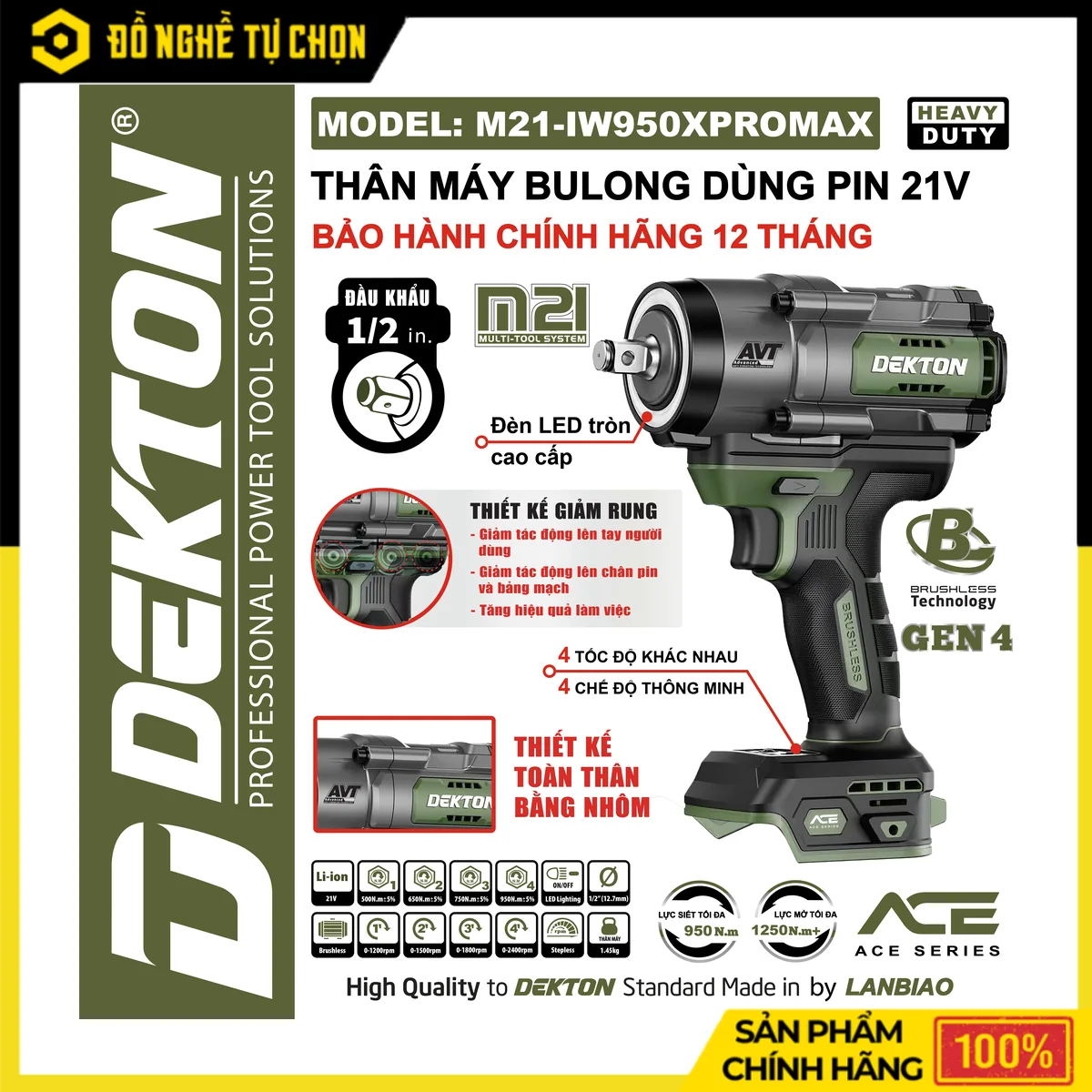Máy Siết Bulong Pin 21V 950N.m Dekton M21-IW950XPROMAX – Hệ ACE Cao Cấp, Lực Mở 1250N.m, Giảm Rung