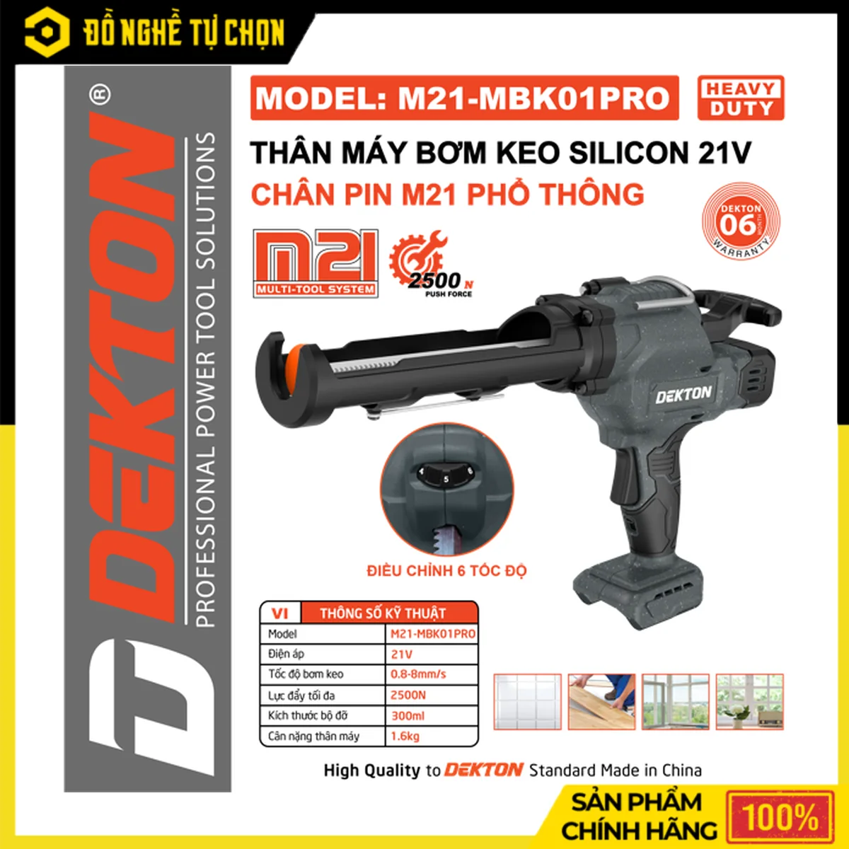 Máy Bơm Keo Pin 21V Dekton M21-MBK01PRO – Lực Đẩy Tối Đa 2500N, 6 Tốc Độ, Bộ Đỡ Ống Keo 300ml