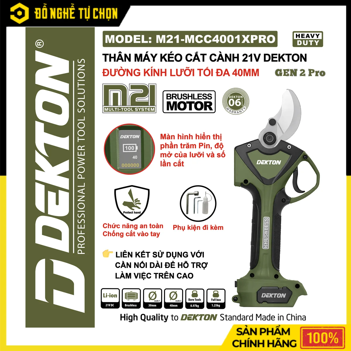 Kéo Cắt Cành Pin 21V 40mm Dekton M21-MCC4001XPRO – Brushless, Lưỡi Thép SK5, Độ Mở Lưỡi 25/40mm