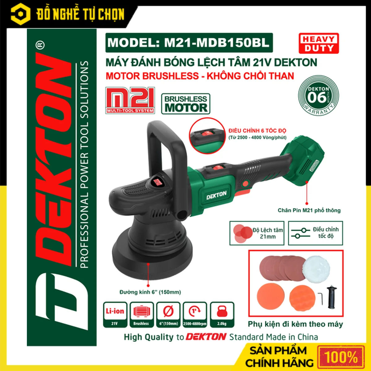 Máy Đánh Bóng Lệch Tâm Pin 21V 6 Inch Dekton M21-MDB150BL – Brushless, 6 Tốc Độ 2500-4800 RPM