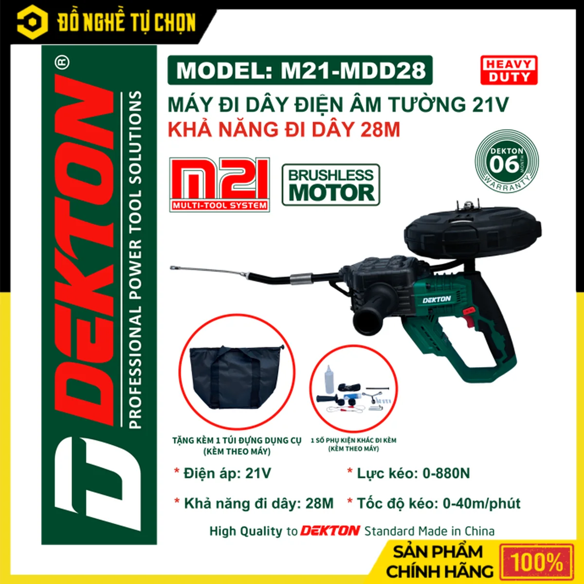 Máy Đi Dây Điện Pin 21V Dekton M21-MDD28 – Brushless, Đi Dây 28m, Lực Kéo 880N, Tốc Độ Kéo 40m/Phút