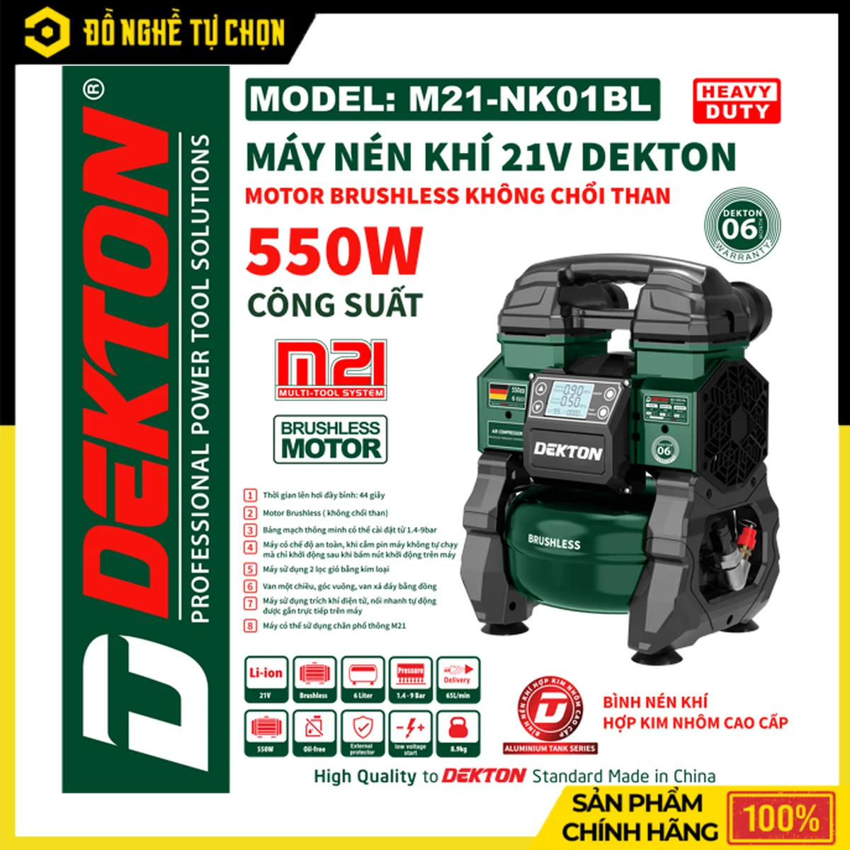 Máy Nén Khí Pin 21V Bình 6L Dekton M21-NK01BL – Brushless 550W, Bình Hợp Kim Nhôm, Đầy Bình 44 Giây