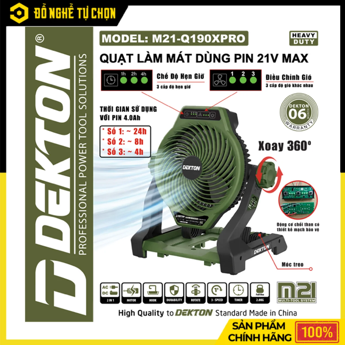 Quạt Pin 21V Cánh 190mm Dekton M21-Q190XPRO – 3 Tốc Độ Gió, Xoay 360 Độ, Chuẩn IPX4, Có Nút Hẹn Giờ
