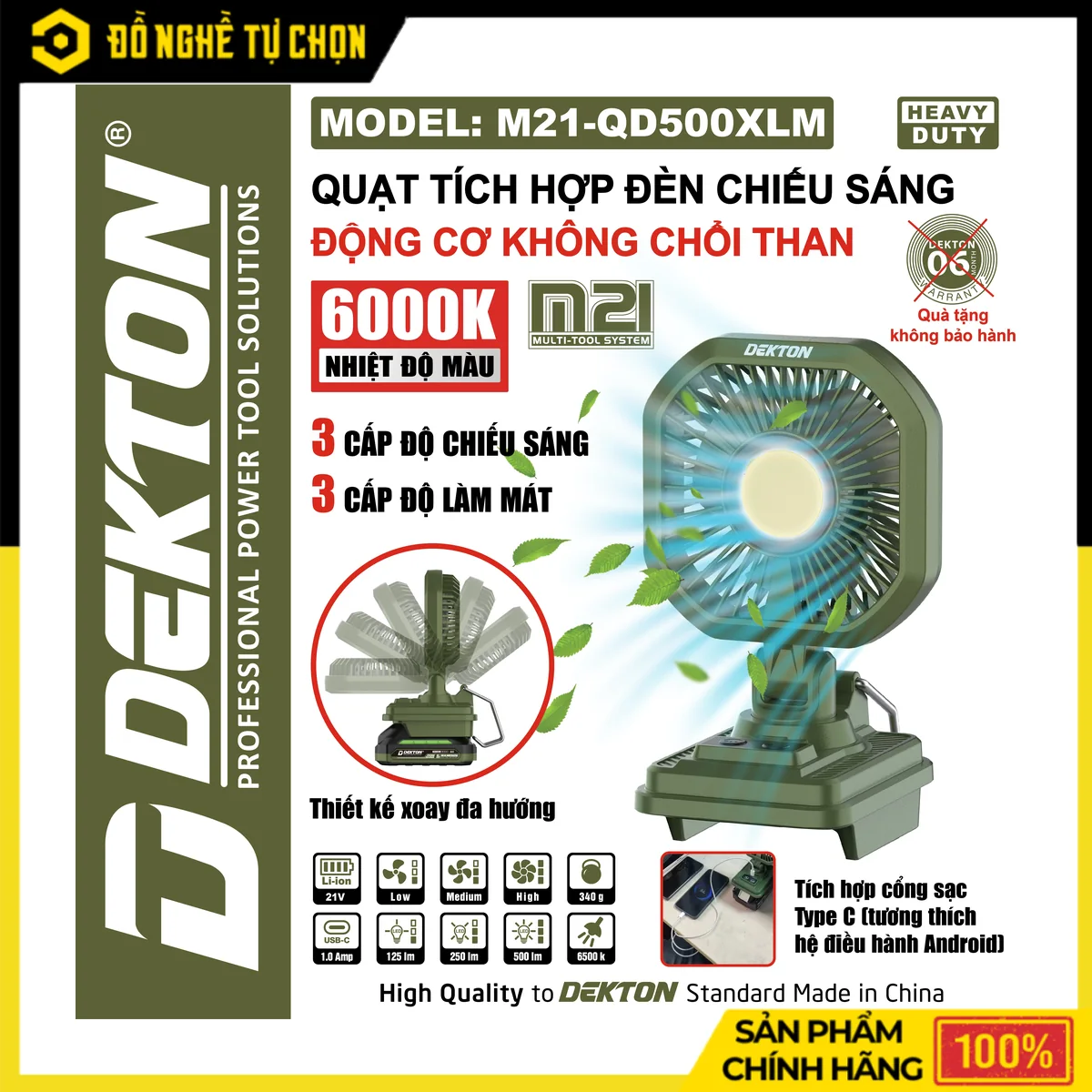 Quạt Kèm Đèn Chiếu Sáng Pin 21V Dekton M21-QD500CLM – 3 Cấp Làm Mát, 3 Cấp Sáng, Cổng Sạc Type C
