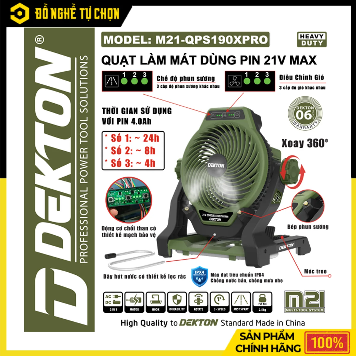 Quạt Phun Sương Pin 21V Cánh 190mm Dekton M21-QPS190XPRO – 3 Tốc Độ Gió, 3 Cấp Phun, Chuẩn IPX4