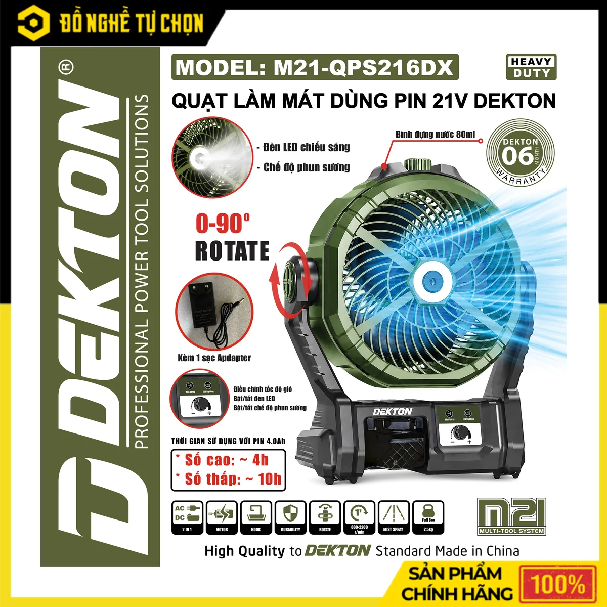 Quạt Phun Sương Pin 21V Cánh 216mm Dekton M21-QPS216DX – Dùng Kèm Điện 220V, Tích Hợp Đèn Chiếu Sáng