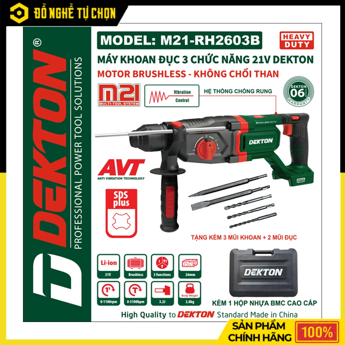 Máy Khoan Đục Bê Tông Pin 21V 3 Chức Năng Dekton M21-RH2603B – Lực Đập 3.2J, Có Giảm Rung, Kèm Hộp Nhựa
