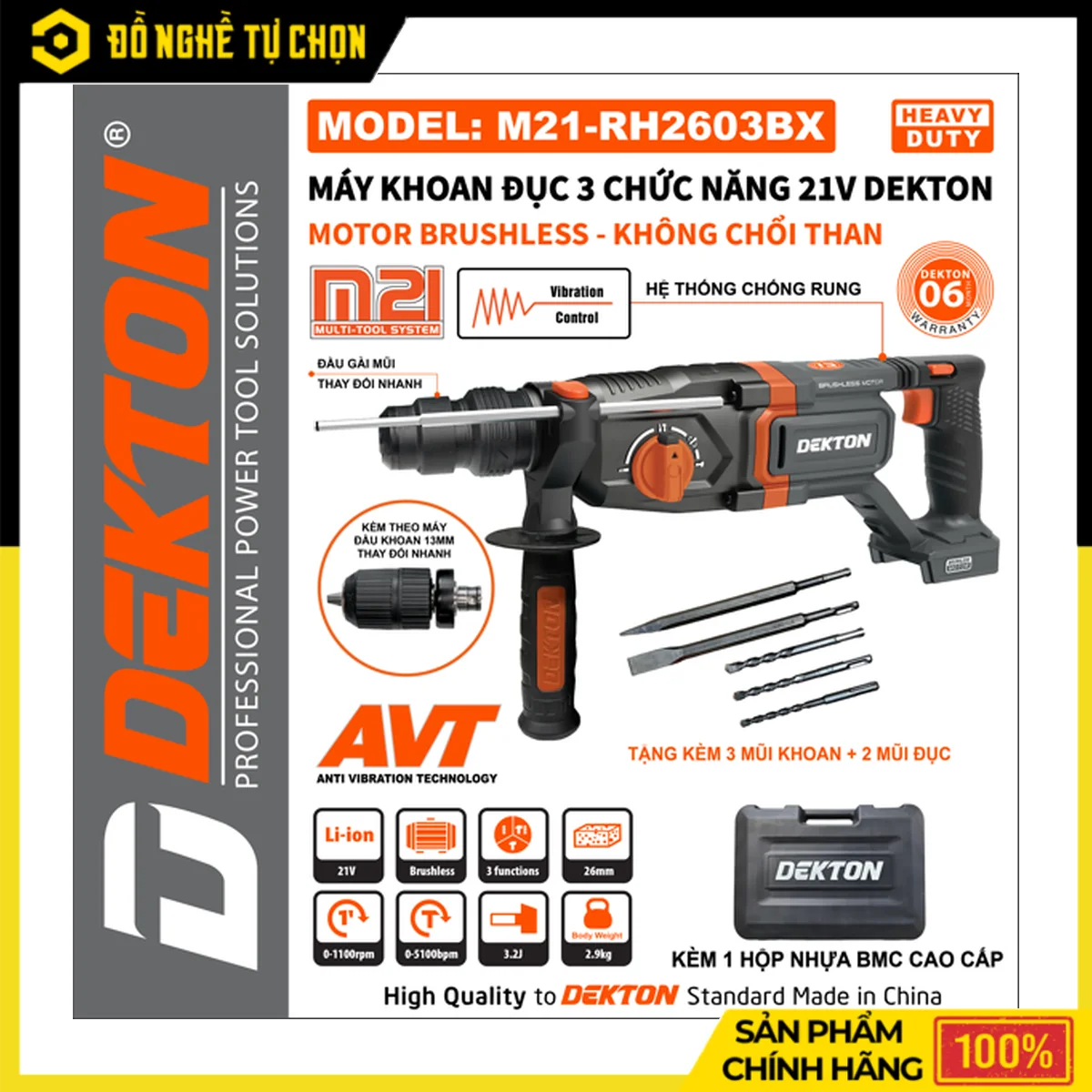 Máy Khoan Đục Bê Tông Pin 21V 3 Chức Năng Dekton M21-RH2603BX – Lực Đập 3.2J, Kèm Đầu Khoan 13mm