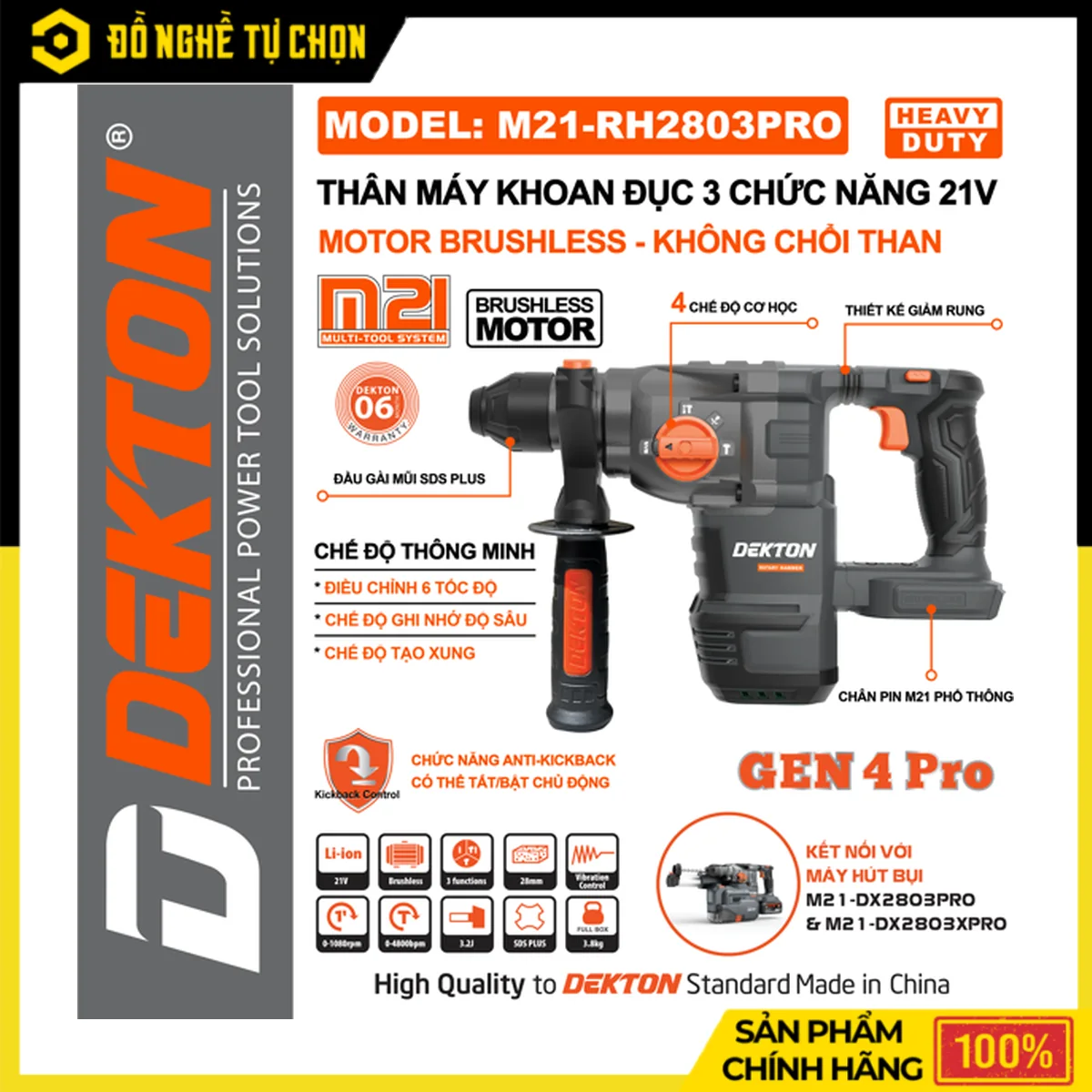 Máy Khoan Đục Bê Tông Pin 21V 3 Chức Năng Dekton M21-RH2803PRO – Brushless, Lực Đập 3.2J, Giảm Rung AVT