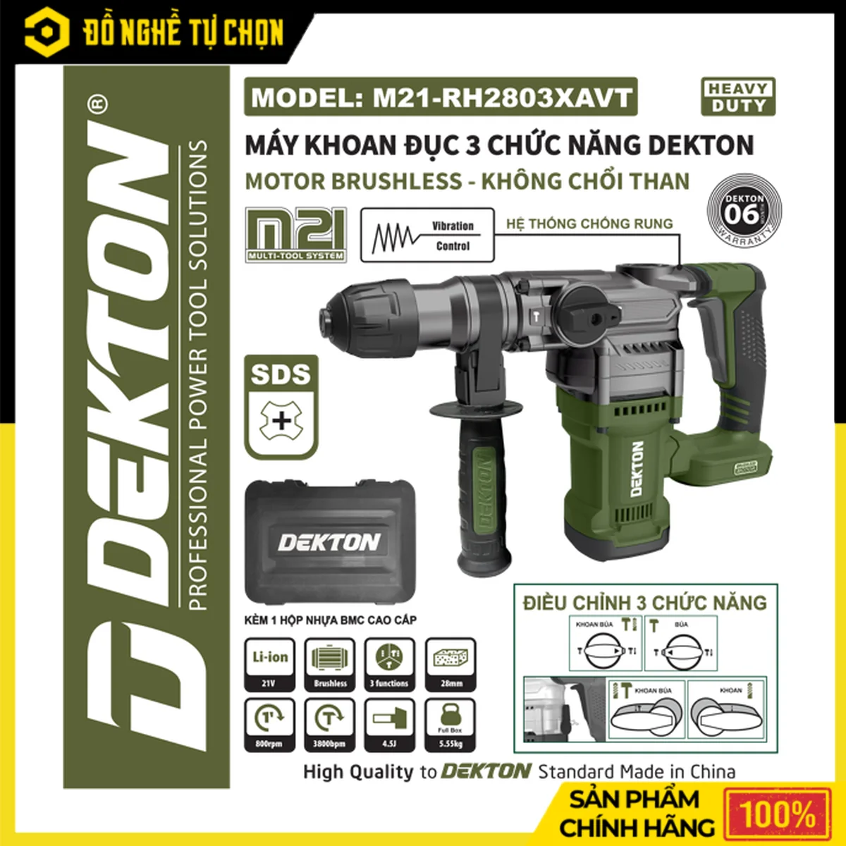 Máy Khoan Đục Bê Tông Pin 21V 3 Chức Năng Dekton M21-RH2803XAVT – Brushless, Lực Đập 4.5J, Thân Nhôm Đúc